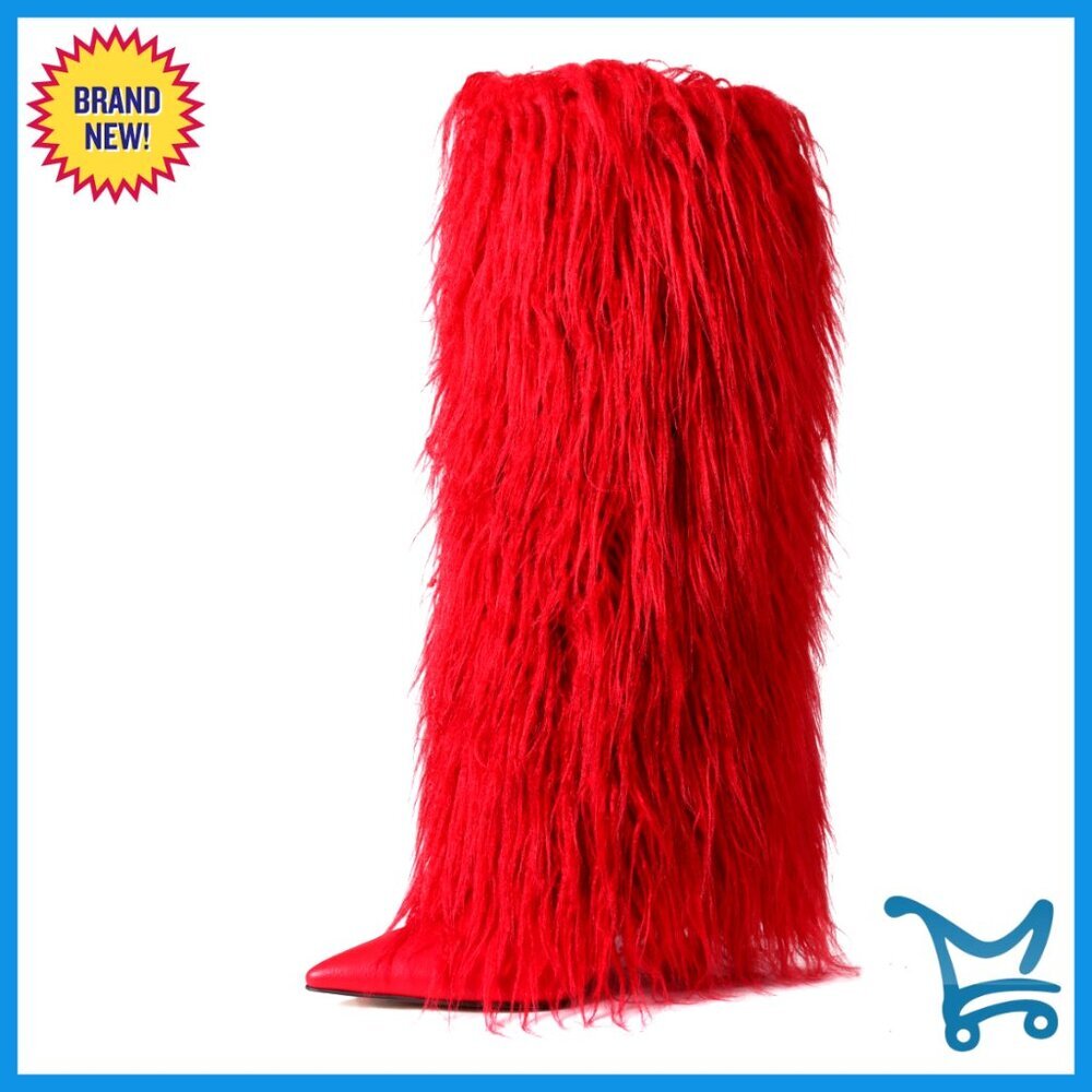 Knee High Faux Fur Boots Wide Calf Stiletto Heel Pointed Toe Winter